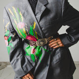 738 - WILD BLOOM – Blazer Vintage Grigio Dipinto a Mano con Strass Oro Tg 58