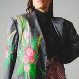 738 - WILD BLOOM – Blazer Vintage Grigio Dipinto a Mano con Strass Oro Tg 58