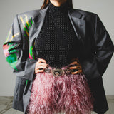 738 - WILD BLOOM – Blazer Vintage Grigio Dipinto a Mano con Strass Oro Tg 58