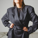 743 - Giacca Donna Vintage Upcycling Grigia Doppiopetto con Pinces Corsetto – Lana Super 100’s Tg 60