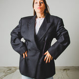 743 - Giacca Donna Vintage Upcycling Grigia Doppiopetto con Pinces Corsetto – Lana Super 100’s Tg 60