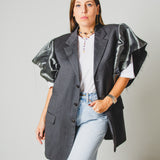 744 - Gilet Donna Vintage Upcycling Grigio in Lana Vergine con Maniche Lamé Bronzo – Tg 54
