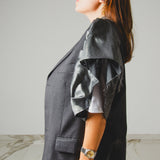 744 - Gilet Donna Vintage Upcycling Grigio in Lana Vergine con Maniche Lamé Bronzo – Tg 54