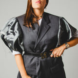 744 - Gilet Donna Vintage Upcycling Grigio in Lana Vergine con Maniche Lamé Bronzo – Tg 54