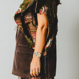 762 - Gilet vintage upcycling in velluto di cotone marrone con maniche in tessuto d’arredo – Tg 54