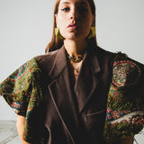 762 - Gilet vintage upcycling in velluto di cotone marrone con maniche in tessuto d’arredo – Tg 54