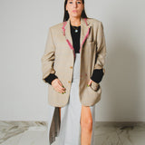 793 – PINK STITCHES | Blazer Vintage Beige a Quadri in Pura Lana Vergine con Ricami Rosa – Tg. 52
