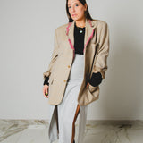 793 – PINK STITCHES | Blazer Vintage Beige a Quadri in Pura Lana Vergine con Ricami Rosa – Tg. 52