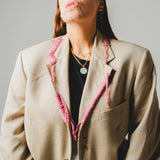 793 – PINK STITCHES | Blazer Vintage Beige a Quadri in Pura Lana Vergine con Ricami Rosa – Tg. 52