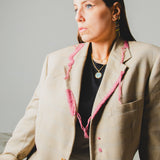793 – PINK STITCHES | Blazer Vintage Beige a Quadri in Pura Lana Vergine con Ricami Rosa – Tg. 52
