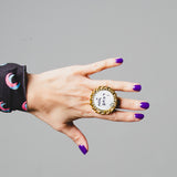 Golden stainless steel ring with hearts and black triangle inserts - BLACK TRIANGLE
