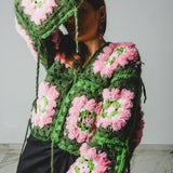 Cardigan Grace - couture artigianale in pura lana verde e rosa – Pezzo unico