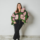 Cardigan Grace - couture artigianale in pura lana verde e rosa – Pezzo unico