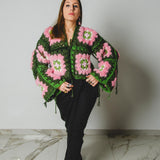 Cardigan Grace - couture artigianale in pura lana verde e rosa – Pezzo unico