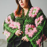 Cardigan Grace - couture artigianale in pura lana verde e rosa – Pezzo unico
