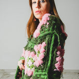 Cardigan Grace - couture artigianale in pura lana verde e rosa – Pezzo unico