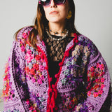 8 - Cardigan Grace - couture artigianale in lana e viscosa viola e rosso – Pezzo unico tg 48/50