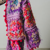 8 - Cardigan Grace - couture artigianale in lana e viscosa viola e rosso – Pezzo unico tg 48/50