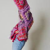 8 - Cardigan Grace - couture artigianale in lana e viscosa viola e rosso – Pezzo unico tg 48/50