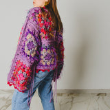 8 - Cardigan Grace - couture artigianale in lana e viscosa viola e rosso – Pezzo unico tg 48/50