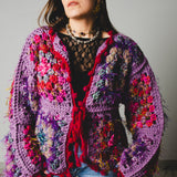 8 - Cardigan Grace - couture artigianale in lana e viscosa viola e rosso – Pezzo unico tg 48/50