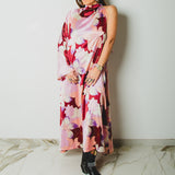 OPERA dress - Vestito sartoriale accollato ampio fantasia a fiori rosa in seta- monospalla