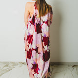 OPERA dress - Vestito sartoriale accollato ampio fantasia a fiori rosa in seta- monospalla