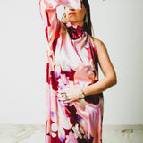 OPERA dress - Vestito sartoriale accollato ampio fantasia a fiori rosa in seta- monospalla