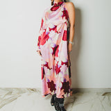 OPERA dress - Vestito sartoriale accollato ampio fantasia a fiori rosa in seta- monospalla