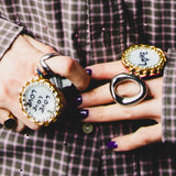 Golden stainless steel ring with hearts and black triangle inserts - BLACK TRIANGLE