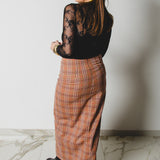 9 - ALMA Skirt – Gonna couture sartoriale in lana vergine principe di Galles beige e rosa   TG 2 - 40 -42