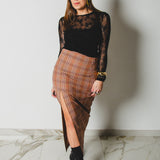 9 - ALMA Skirt – Gonna couture sartoriale in lana vergine principe di Galles beige e rosa   TG 2 - 40 -42