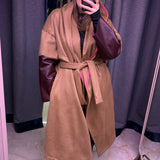 CAPPOTTO WRAP IN TESSUTO CACHEMIRE CON MANICA A CONTRASTO IN PELLE BORDEAUX